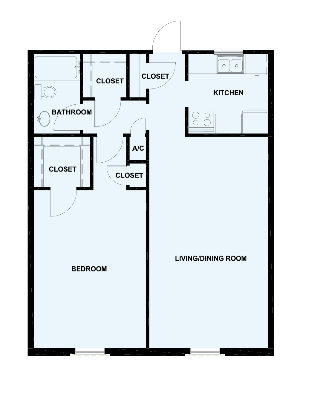 Floor plan for 1 bed, 1 bath, 1012 sqft